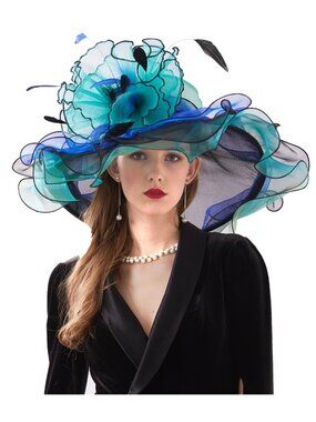 Organza Floral Fascinator Wedding Church Tea Party Hat Blue And Green